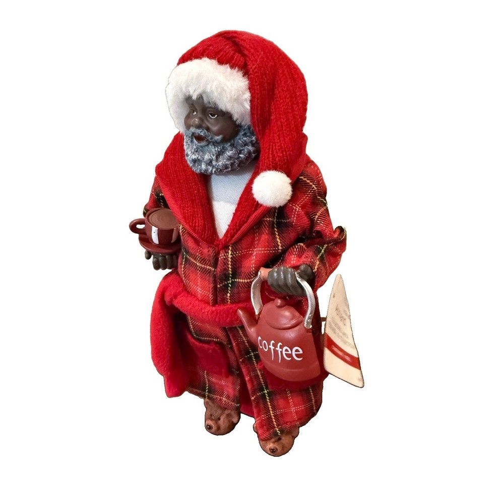 Ashland Black Santa Figurine Coffee Robe Plaid Collectible Christmas Doll NWT